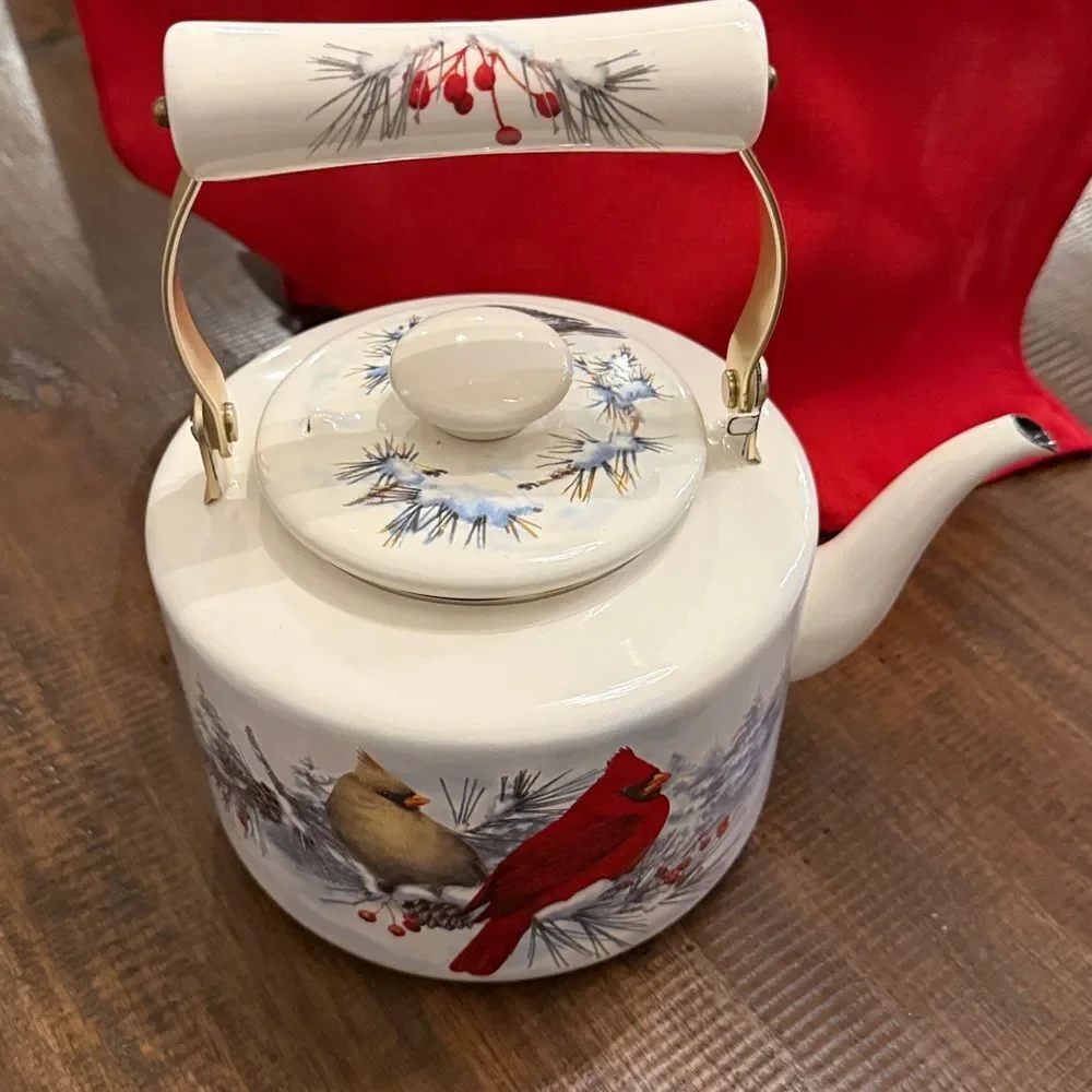 Vintage Lenox winter greetings, enamelware tea pot with a cardinal and chickadee
